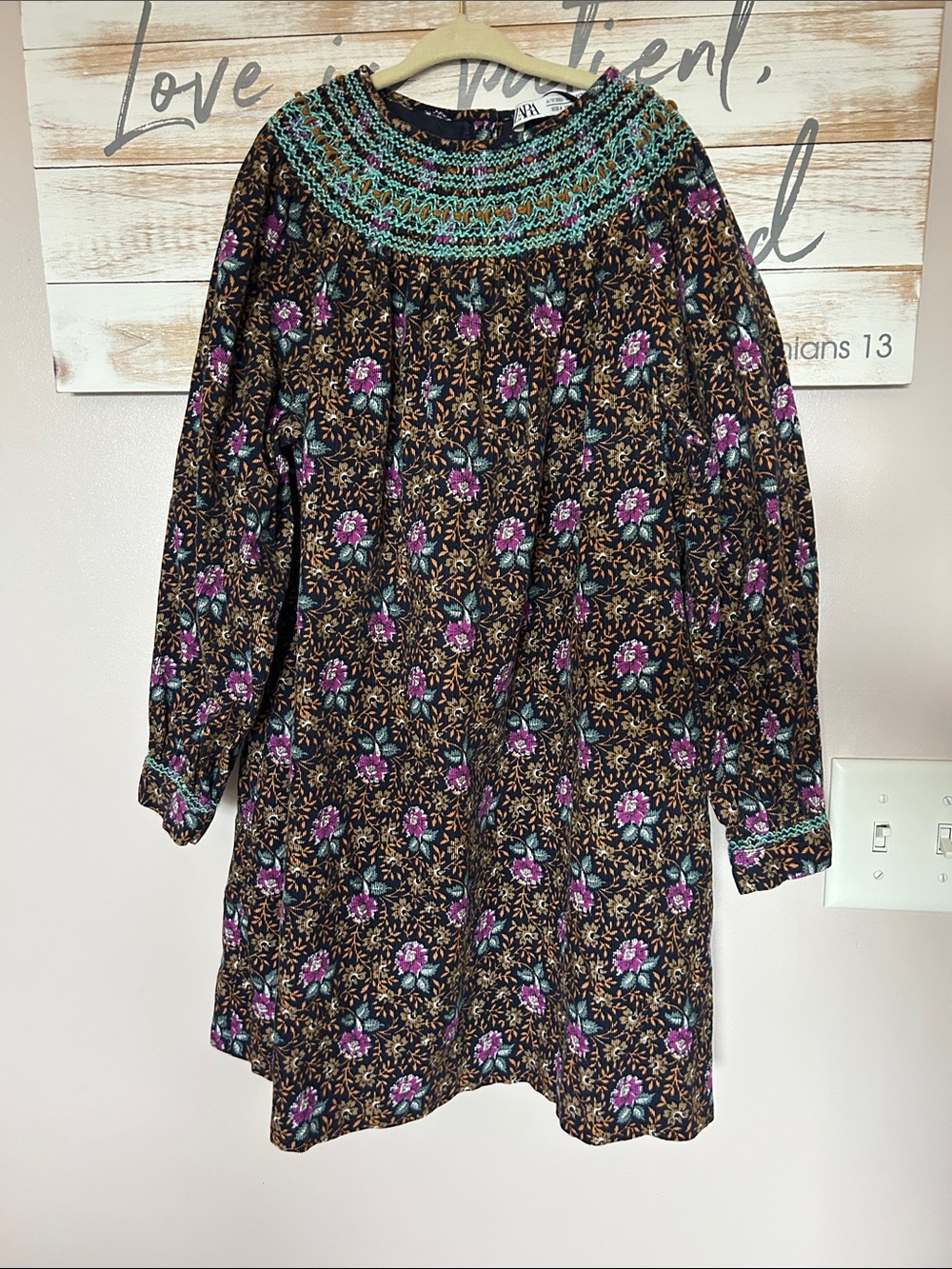 Zara Floral Corduroy Teal Purple Dress Size 9